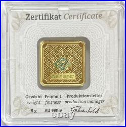 Gold Geiger Edelmetalle 5 Grams 9999 Fine Square Bar / Ingot In Assay Coa