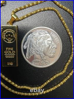 Gold Necklace Gold Bar Pendant & 1 Ounce. 999 Fine Silver Buffalo Round Gold Necklace Gold Bar Pendant & 1 Ounce. 999 Fine Silver Buffalo Round
