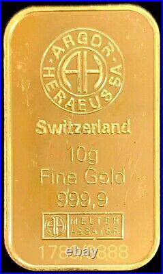 Gold Switzerland Argor Heraeus 10 Grams Lunar Year Of The Tiger 999.9 Fine Bar