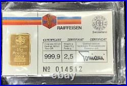Gold Switzerland Argor Heraeus Reiffeisen Bank 2.5 Grams 999.9 Fine Sealed Bar