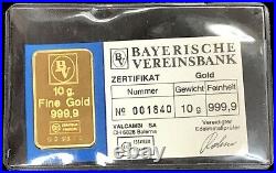 Gold Switzerland Valcambi Bayerische Vereinsbank 10 Grams 999.9 Fine Sealed Bar