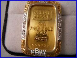 Heavy 24kt 999.9 Fine Gold Bar 10g Credit Suisse Diamond 14kt Necklace Pendant