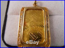 Heavy 24kt 999.9 Fine Gold Bar 10g Credit Suisse Diamond 14kt Necklace Pendant