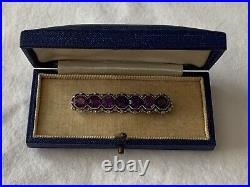 Heavy Antique Solid 18ct Gold Silver Amethyst Diamond Bar Brooch In Box