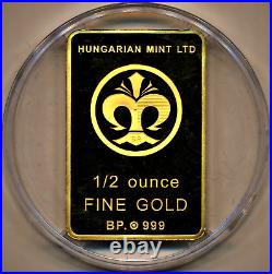 Hungarian Mint Ltd 1/2 Ounce Fine Gold Bp. 999 Proof Gold Bar #0447 Rare