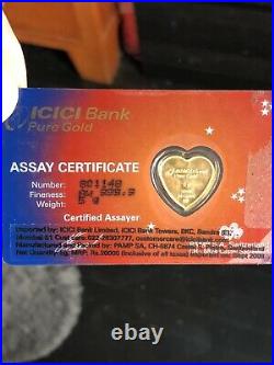 ICICI BANK GOLD PAMP SWISS 5 GRAMS. 9999 FINE Heart? IN SEALED COA CARD