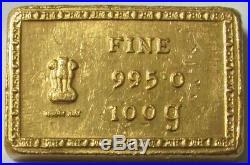 INDIA GOLD 100 GRAMS 3.125ozs 995.0 FINE INGOT /BAR #1156