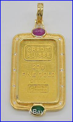 #JC119 20g CREDIT SUISSE FINE GOLD 999.9 BAR 18K DIAMOND BEZEL PENDANT