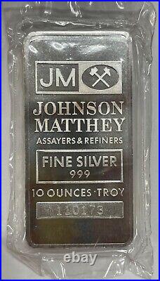 JM Johnson Matthey Assayers&Refiners 10 oz Troy Fine Silver Bar Plastic