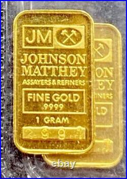 Details about   JOHNSON MATTHEY GOLD 1 GRAM BAR • 24KT .9999 Fine In Assay • RARE! Tall Series 
