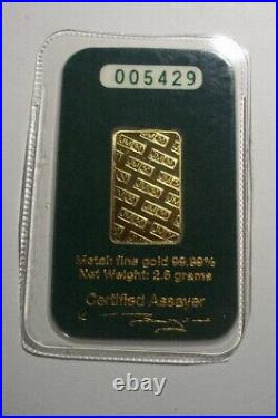 Johnson Matthey 2.5 Gram 9999 Fine Gold Bar Rare Green Assay Card Sealed Bullion