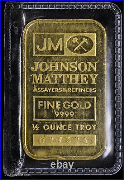 Johnson Matthey Assayers & Refiners 1/2 oz Half Troy Ounce 9999 Fine Gold Bar