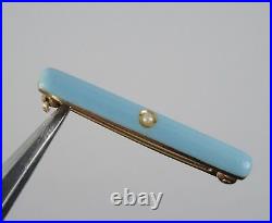Krementz Solid 14k Gold With Seed Pearl And Robin Egg Blue Enamel Bar Pin Brooch