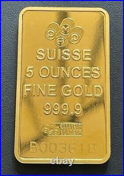 Lady Fortuna 5ozt Pamp Suisse Gold Bar. 9999 Fine with Plastic Case & Assay Card