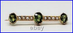 Late VICTORIAN 14kt Gold GREEN GEM & SEED PEARL Small Bar Pin Lingerie Pin B2225