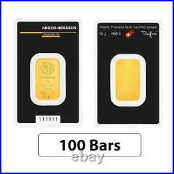 Lot of 100 10 gram Argor Heraeus Gold Bar. 9999 Fine (In Assay)