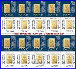 Lot of 10 1 Gram Gold Bar Divisible PAMP Suisse MULTIGRAM. 9999 Fine Gold Bar