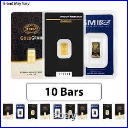Lot of 10 1 gram Random Brand Gold Bar. 999+ Fine (In Assay)