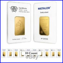 Lot of 10 1 oz Metalor Gold Bar. 9999 Fine (In Assay)