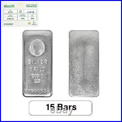 Lot of 15 1 Kilo Emirates Gold Silver Cast Bar. 999 Fine (withAssay)