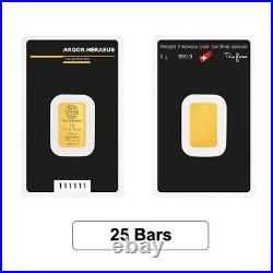 Lot of 25 5 gram Argor Heraeus Gold Bar. 9999 Fine (In Assay)