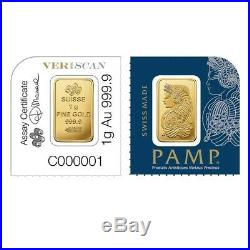 Lot of 2 1 gram Gold Bar PAMP Suisse Lady Fortuna. 9999 Fine In Assay from