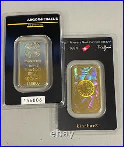 Lot of 2 Argor Heraeus 1 oz Gold Bars of 999.9 fine in Sealed in Assay Cards