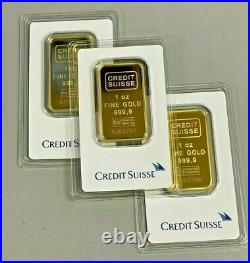 Lot of 3 Gold Credit Suisse 1 oz Bars of. 9999 fine Gold in Sealed Assay Cards