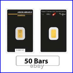 Lot of 50 1 gram Argor Heraeus Gold Bar. 9999 Fine (In Assay)