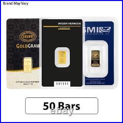 Lot of 50 1 gram Random Brand Gold Bar. 999+ Fine (In Assay)