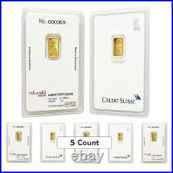 Lot of 5 1 gram Credit Suisse Statue of Liberty Gold Bar. 9999 Fine (In Assay)