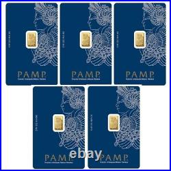 Lot of 5 1 gram Gold Bar PAMP Suisse Fortuna. 9999 Fine Gold In Sealed Assay