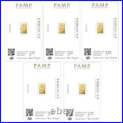 Lot of 5 1 gram Gold Bar PAMP Suisse Fortuna. 9999 Fine Gold In Sealed Assay