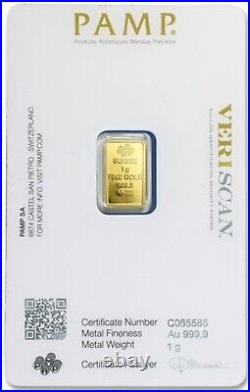 Lot of 5 1 gram Gold Bar PAMP Suisse Fortuna. 9999 Fine Gold In Sealed Assay