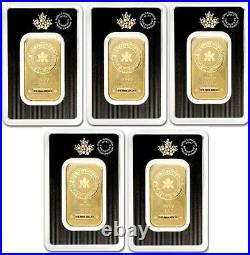 Lot of 5 1 oz. 9999 Fine Gold Bar Royal Canadian Mint (RCM) In Assay Card