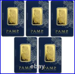 Lot of 5 1 oz Gold Bar PAMP Suisse Lady Fortuna Veriscan. 9999 Fine