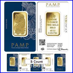 Lot of 5 1 oz Gold Bar PAMP Suisse Lady Fortuna Veriscan. 9999 Fine (In Assay)