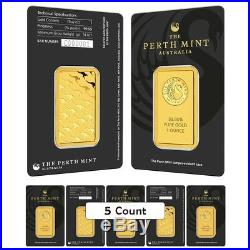 Lot of 5 1 oz Perth Mint Gold Bar. 9999 Fine (In Assay)