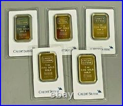 Lot of 5 Gold Credit Suisse 1 oz Bars of. 9999 fine Gold in Sealed Assay Cards