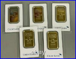 Lot of 5 Gold Credit Suisse 1 oz Bars of. 9999 fine Gold in Sealed Assay Cards