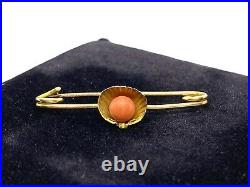 Lovely Antique Victorian 9CT Gold & Coral Clam Shell Bar Brooch Pin 1.5 grams