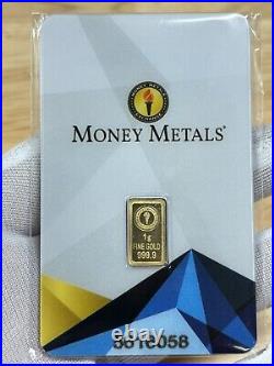 MONEY METALS SEALED 1 GRAM FINE. 999 GOLD INGOT With ASSAY CERTIFICATE #UC