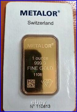 Metalor 1oz Gold Bar 999.9 Pure Fine Gold Bullion Bar, SEALED FAST DISPATCH