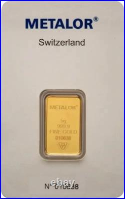 Metalor 5g Gold Bar Pure 24ct 999.99 5 gram NEW Bullion Investment Gold 24k Fine