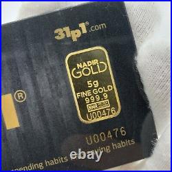 NADIR Gold Bullion 5g Bar Ingot 999.9 Fine Pure 24K 5 Grams Refinery Turkey