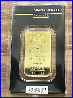 ON SALE-1 oz. Gold Bar either ASAHI or ARGOR-HERAEUS 999.9 Fine in Assay