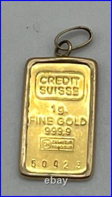 One 1 gram CREDIT SUISSE. 999 24k Fine GOLD BAR & Bezel PENDANT CHARM Vintage