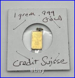 One 1 gram CREDIT SUISSE. 999 24k Fine GOLD BAR & Bezel PENDANT CHARM Vintage