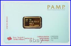 PAMP America the Free Statue of Liberty 5 g Gold Bar 999.9 Fine (Sealed Assay)