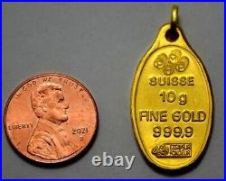 PAMP Suisse 10 Gram 9999 Fine Gold Oval Bar withBail ROSE Pendant Vintage RARE